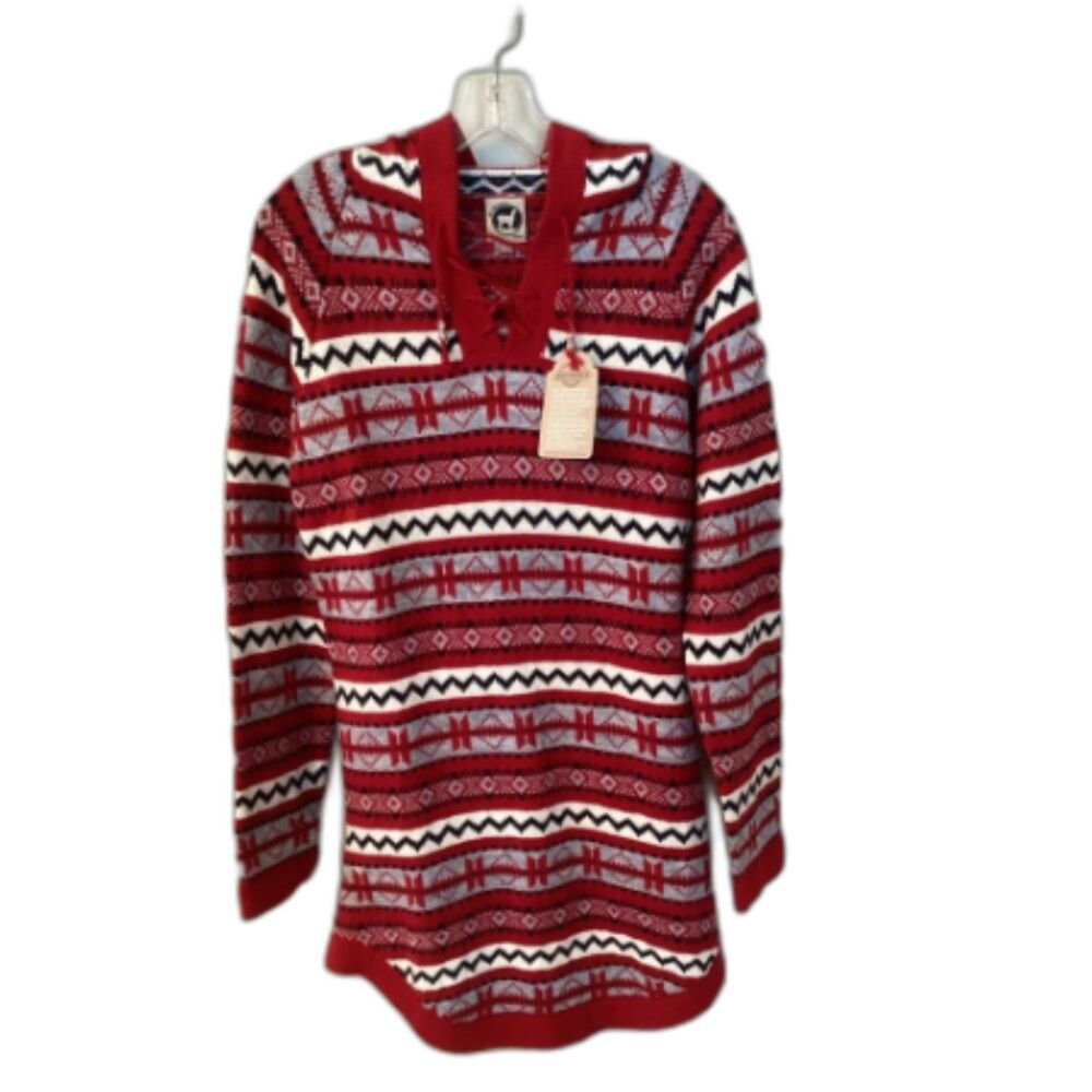 ARTESANIA WOMENS XL ALPACA HOODED NORDIC SWEATER NAVY RED PERU NWT